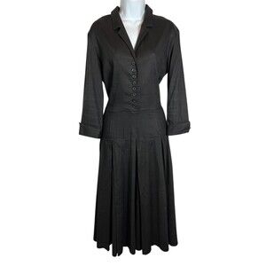 Vintage Sally Bridge Black Midi Dress  Size S  3/4-Sleeve Pleated Skirt  Modest